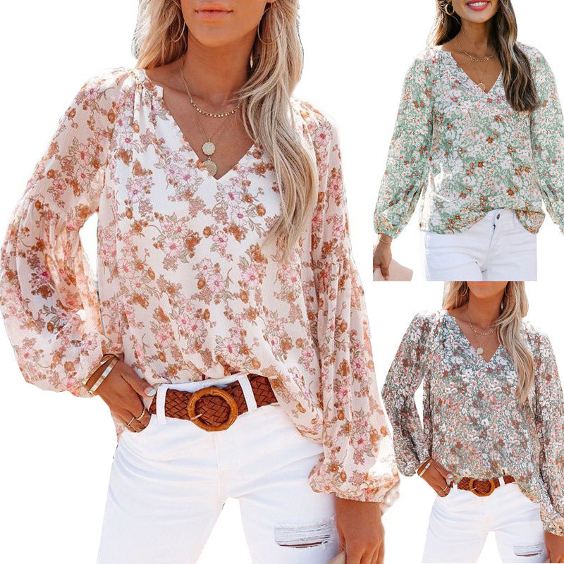 Floral Chiffon Lantern Sleeve Blouse