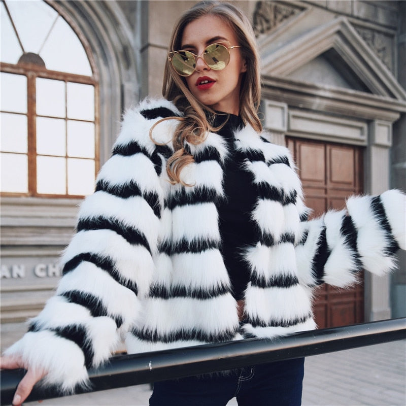 Winter Black and white striped faux fur coat fur coat
