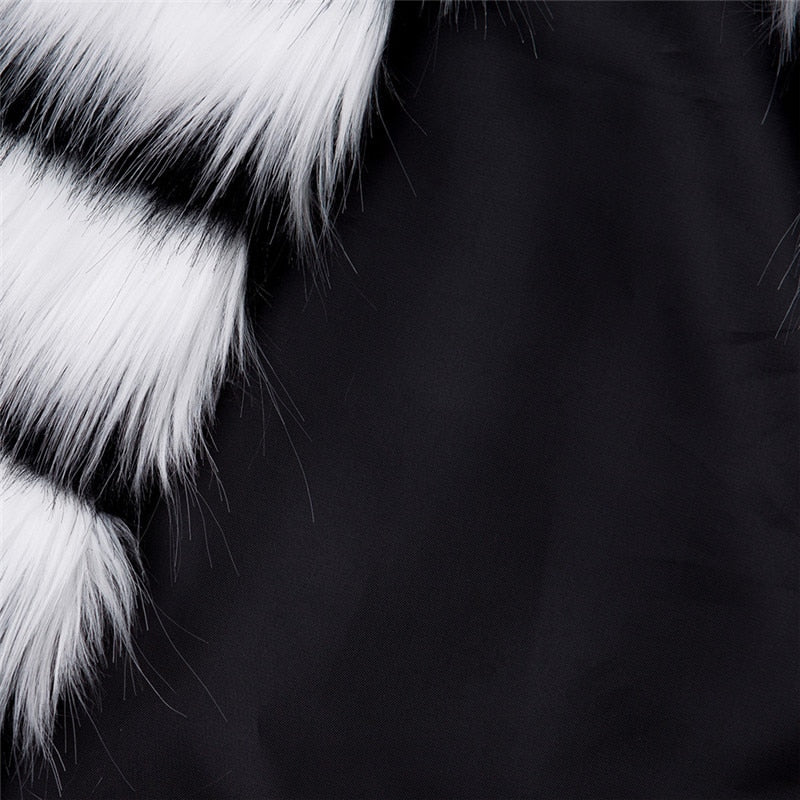 Winter Black and white striped faux fur coat fur coat