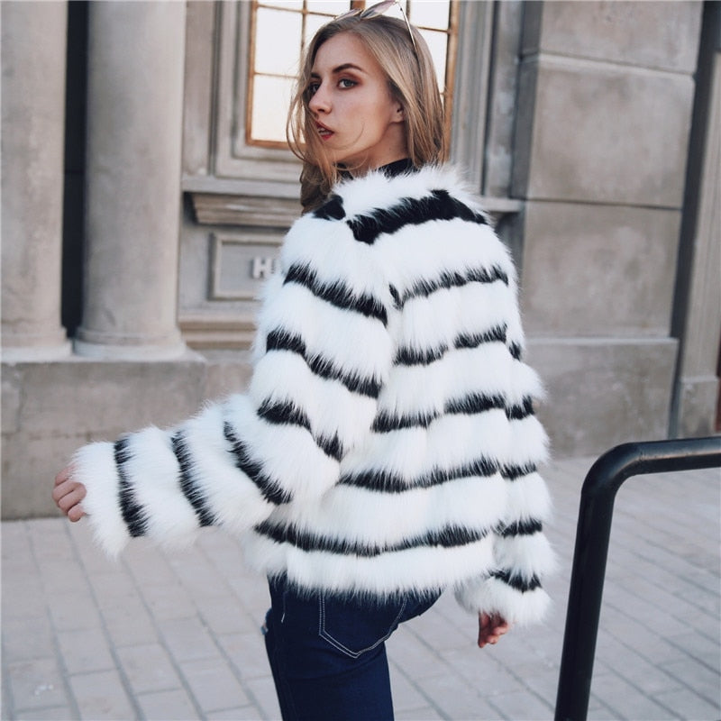 Winter Black and white striped faux fur coat fur coat
