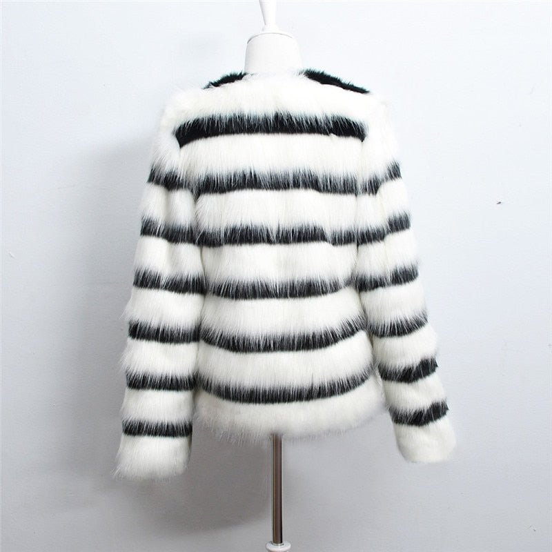 Winter Black and white striped faux fur coat fur coat
