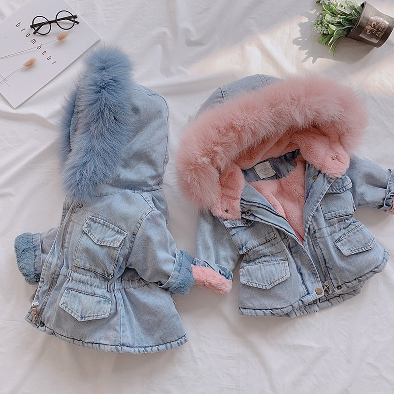 OLEKID  Winter Baby Girl Denim Jacket Plus Velvet Real Fur Warm