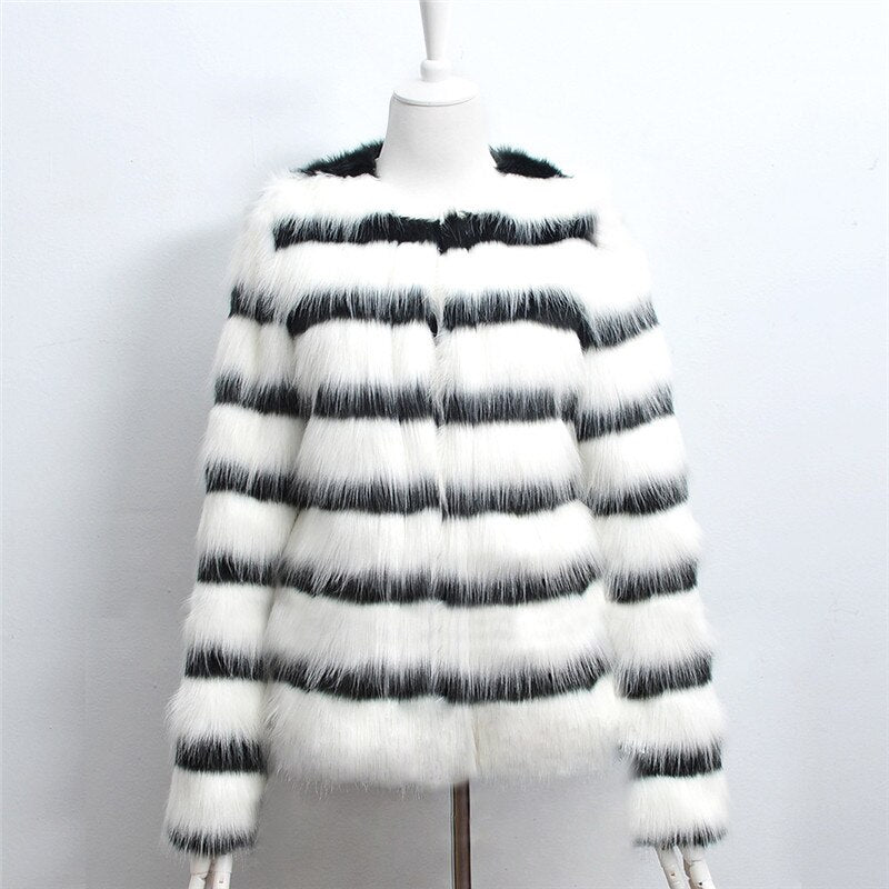 Winter Black and white striped faux fur coat fur coat