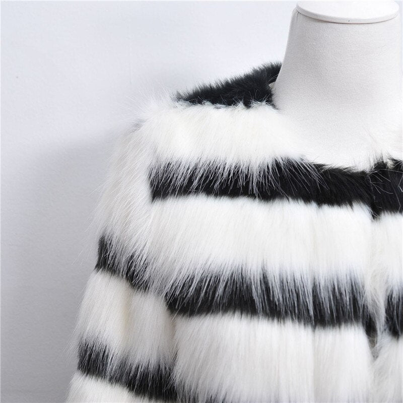 Winter Black and white striped faux fur coat fur coat