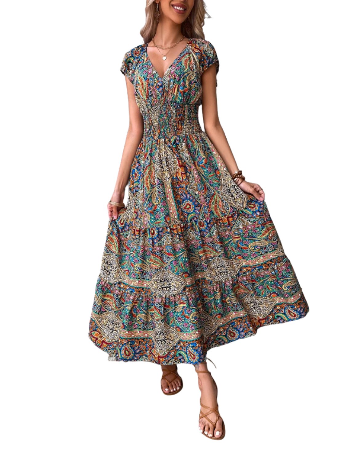 Smocked Printed Cap Sleeve Midi Dress