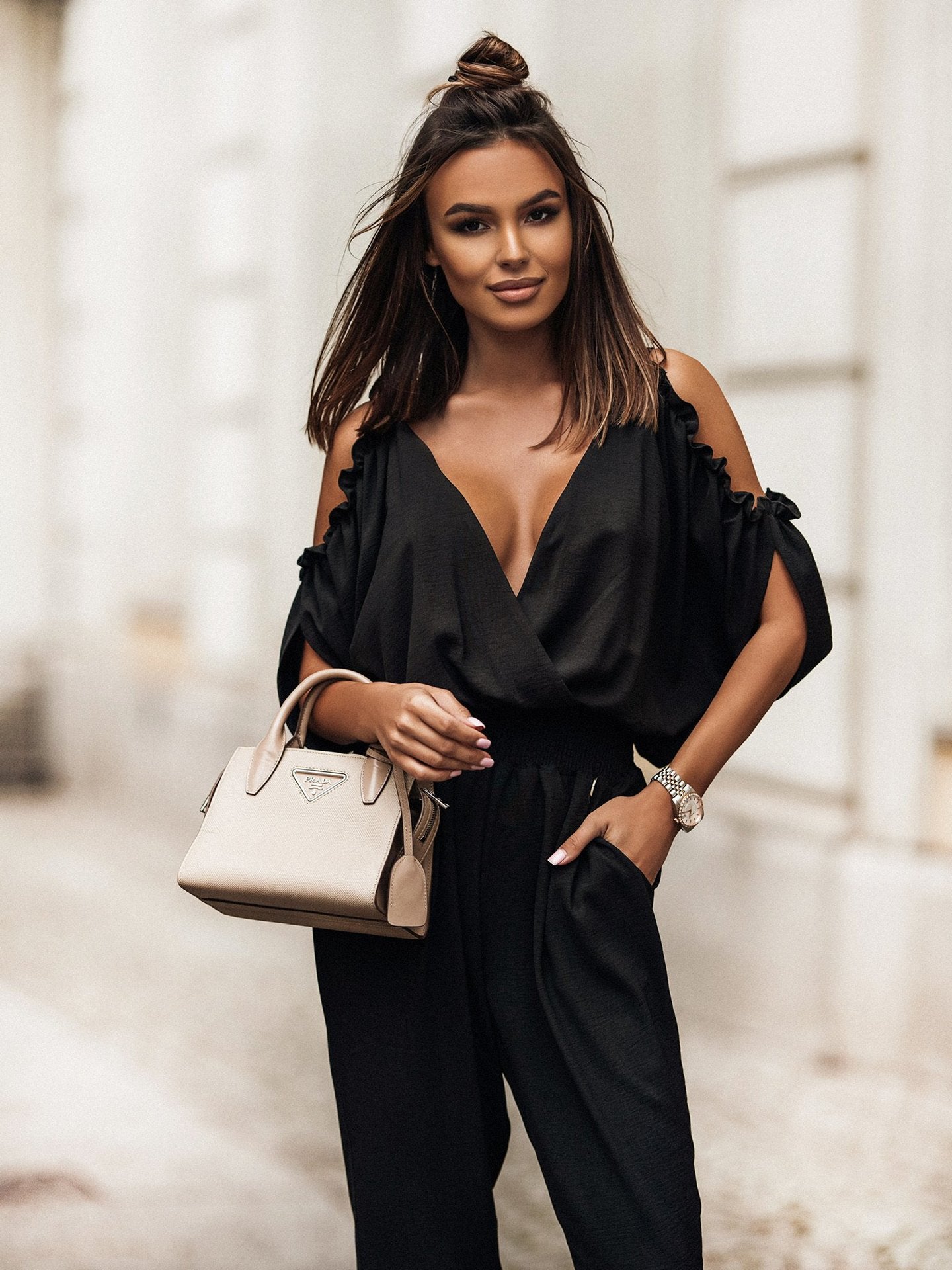 V neck Pocket Elastic Waist Casual Jumpsuit