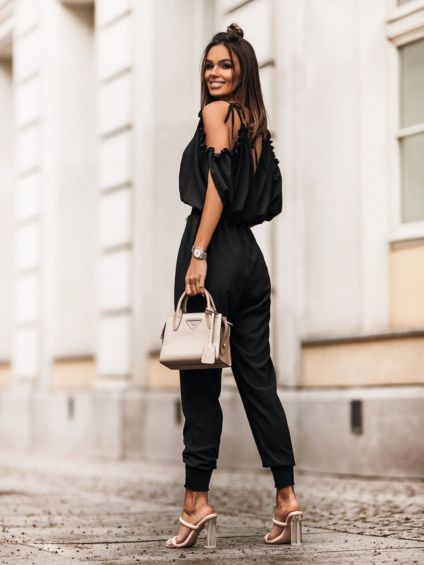 V neck Pocket Elastic Waist Casual Jumpsuit