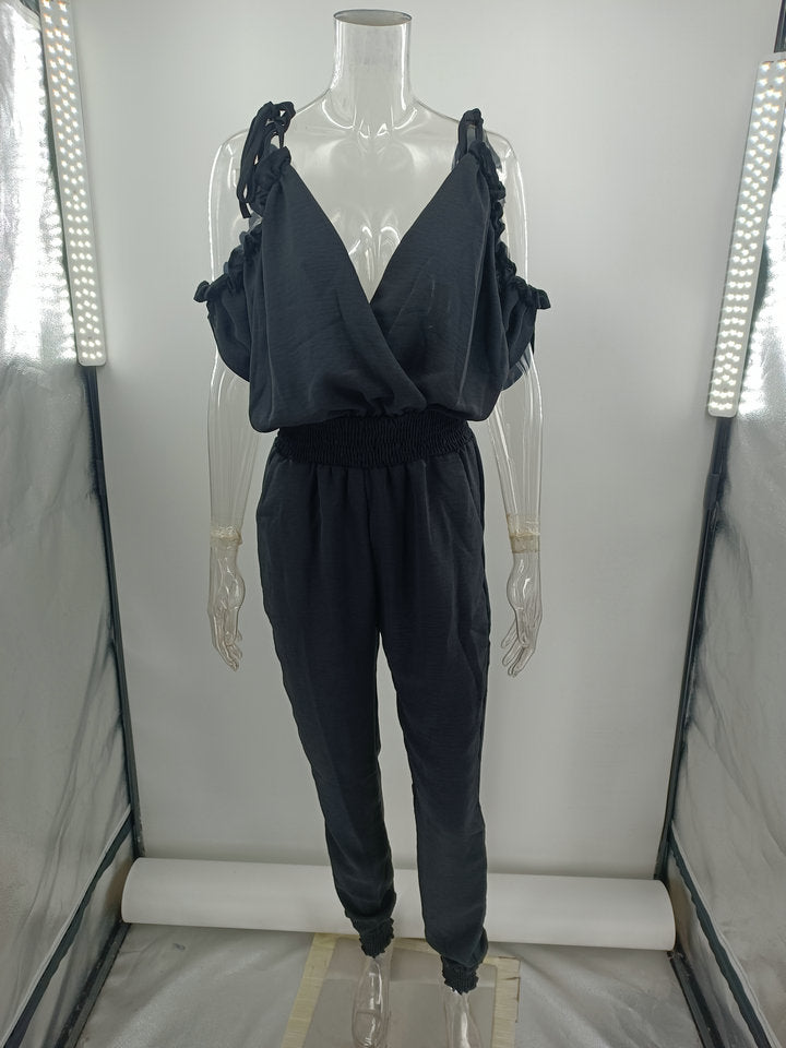 V neck Pocket Elastic Waist Casual Jumpsuit