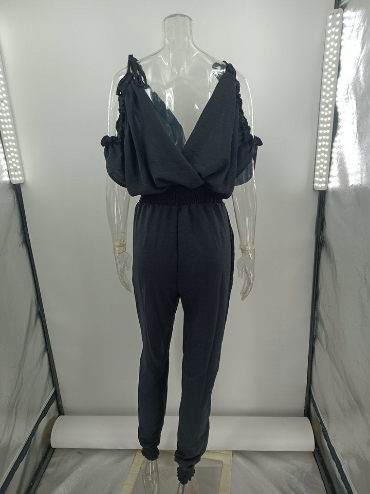 V neck Pocket Elastic Waist Casual Jumpsuit