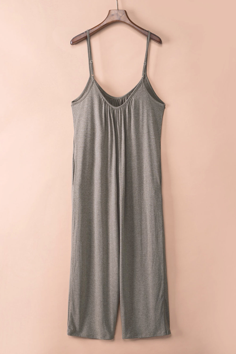 Gray Spaghetti Straps Wide Leg Pocketed Jumpsuits