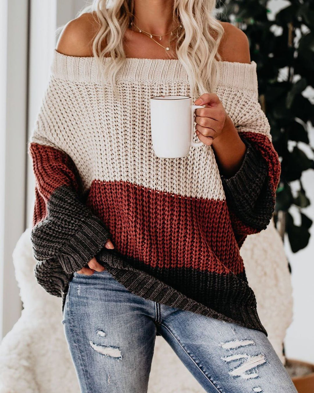 Off Neck Thickened Sweater