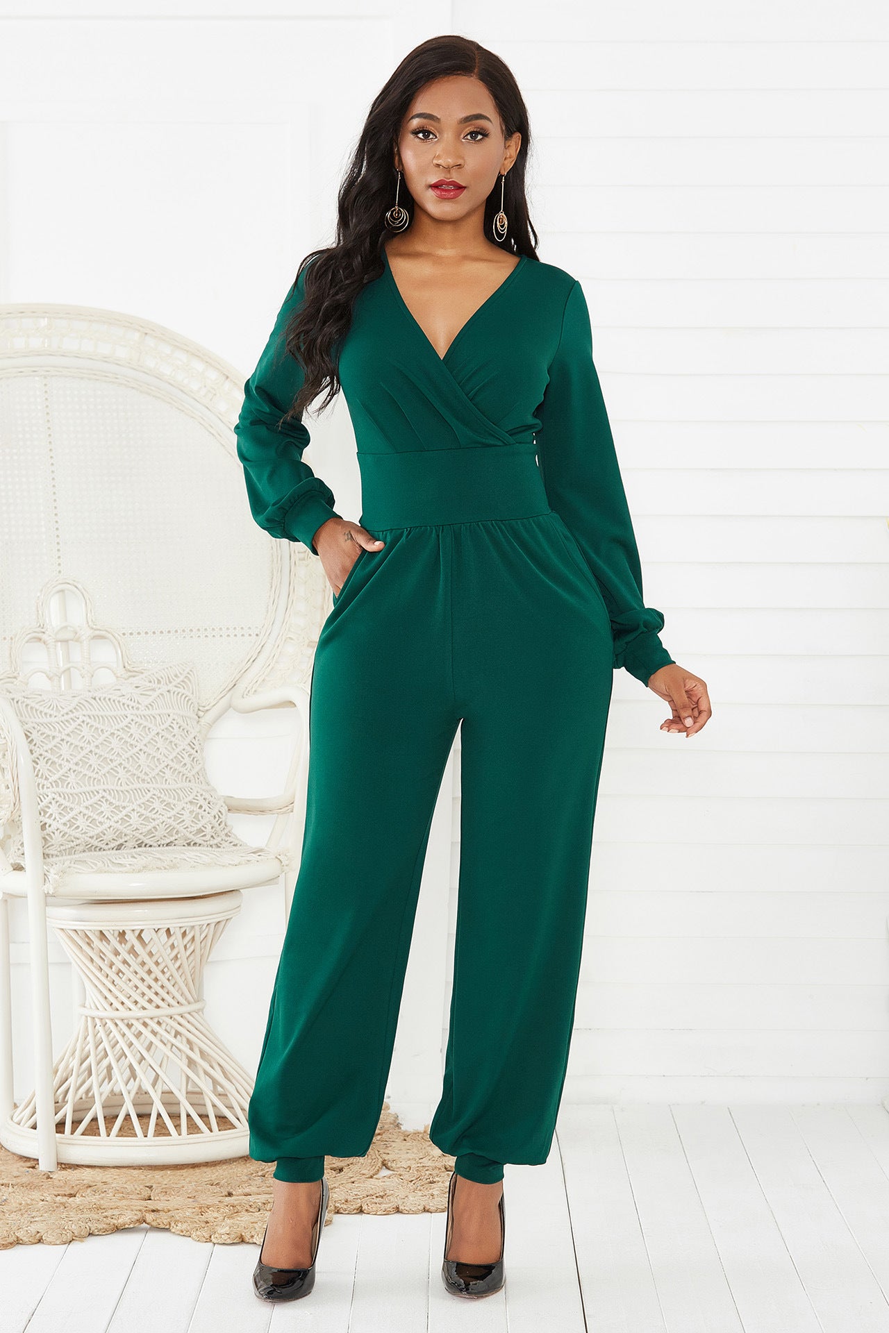 V Neck Long Lantern Sleeve Wide Leg Jumpsuit