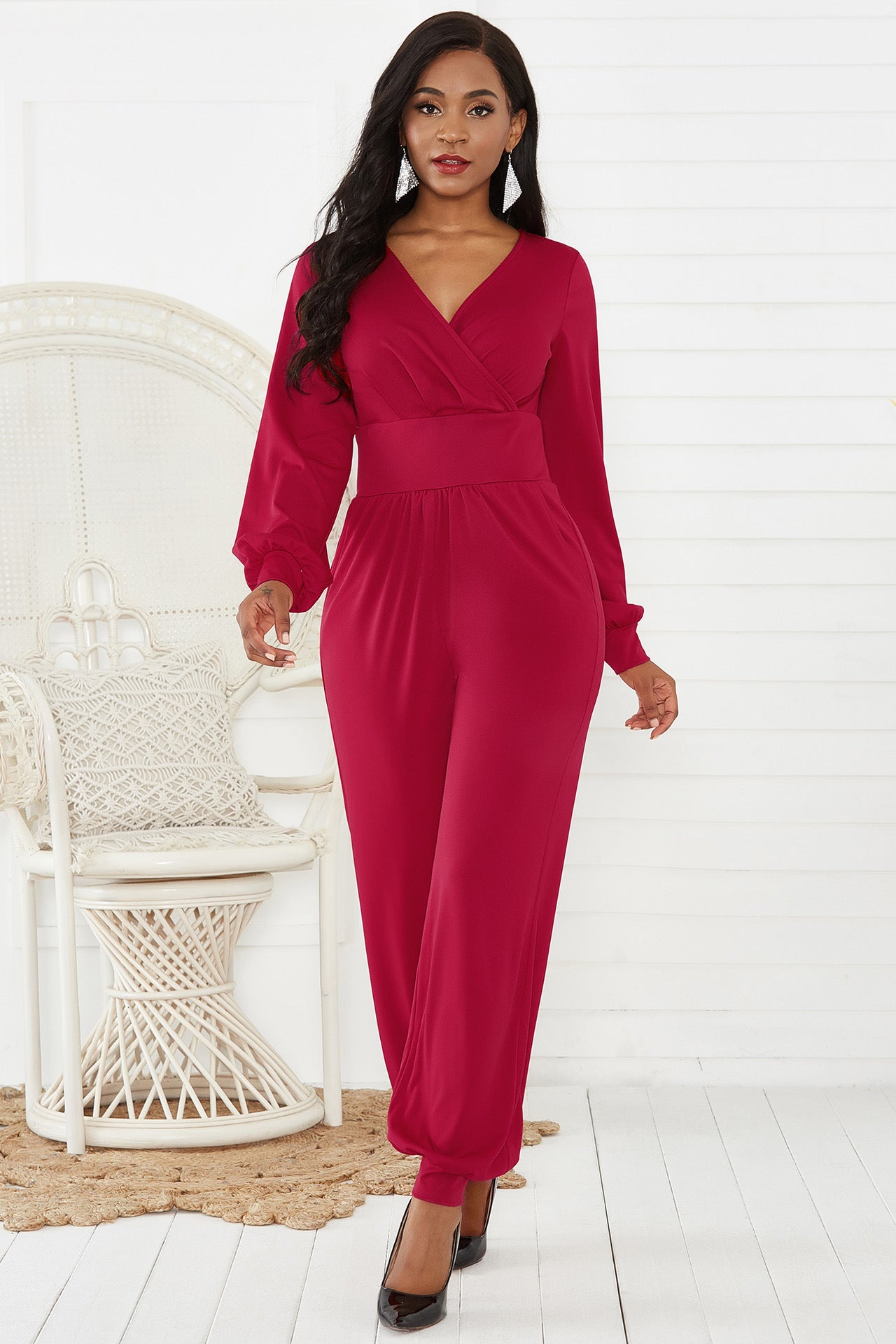 V Neck Long Lantern Sleeve Wide Leg Jumpsuit