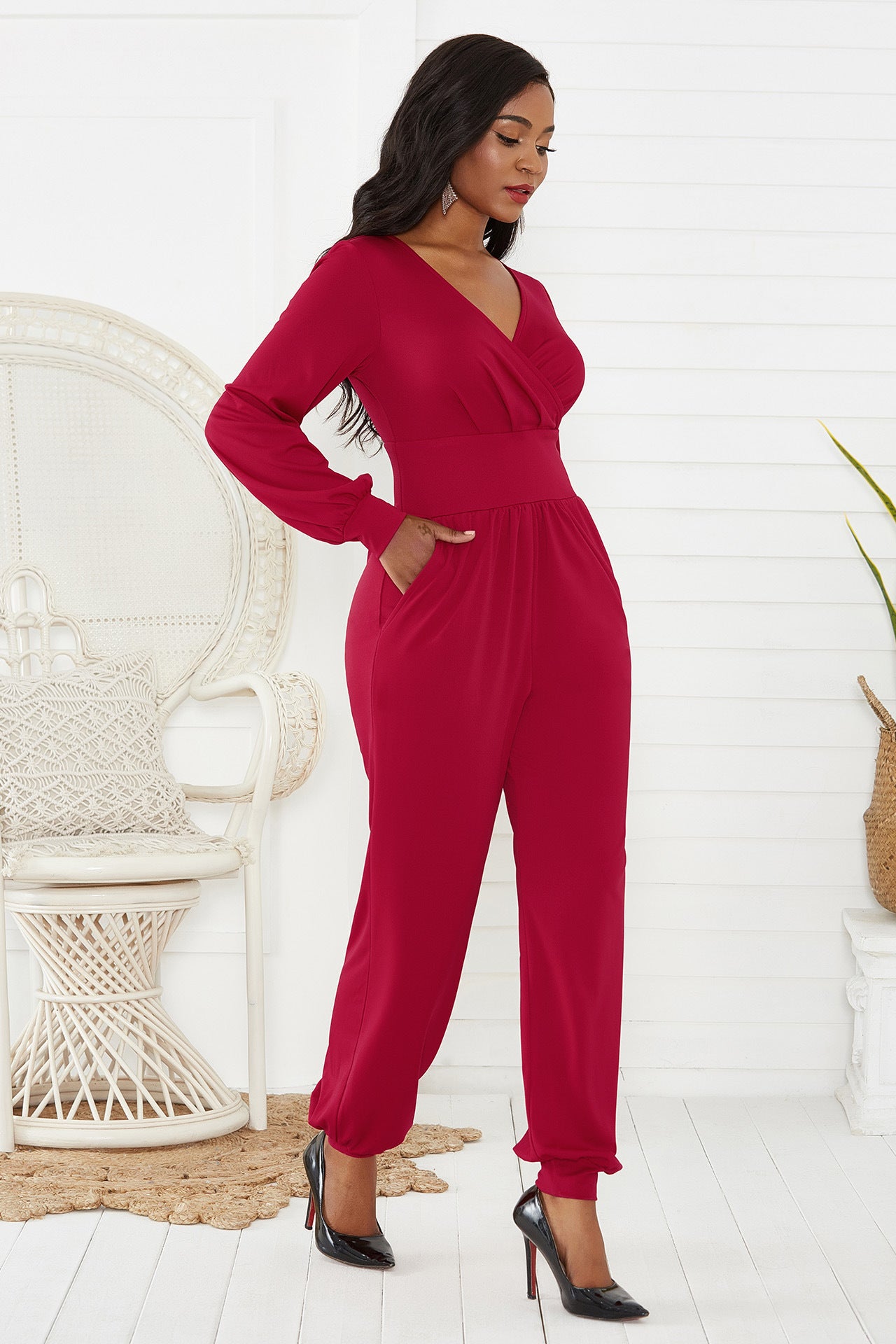 V Neck Long Lantern Sleeve Wide Leg Jumpsuit