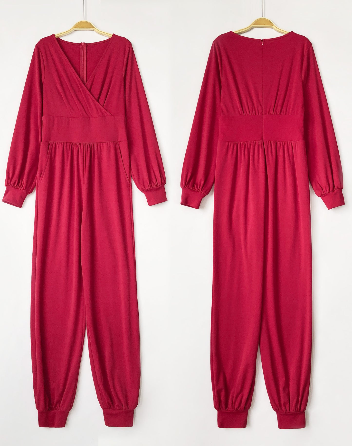 V Neck Long Lantern Sleeve Wide Leg Jumpsuit