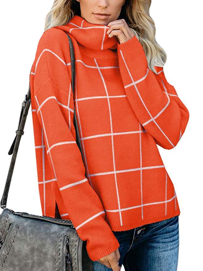 Knitted Plaid Turtleneck Sweater