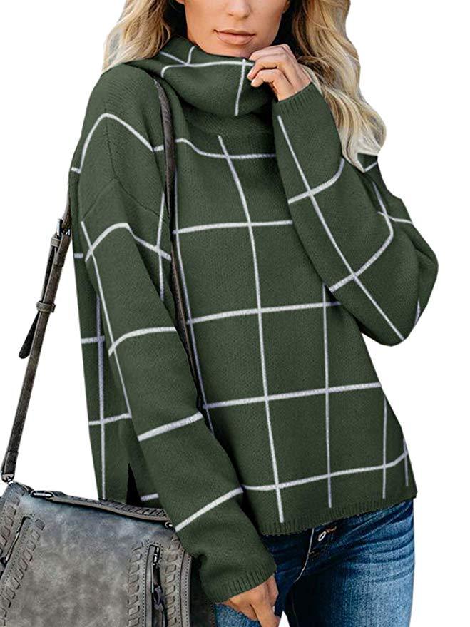 Knitted Plaid Turtleneck Sweater