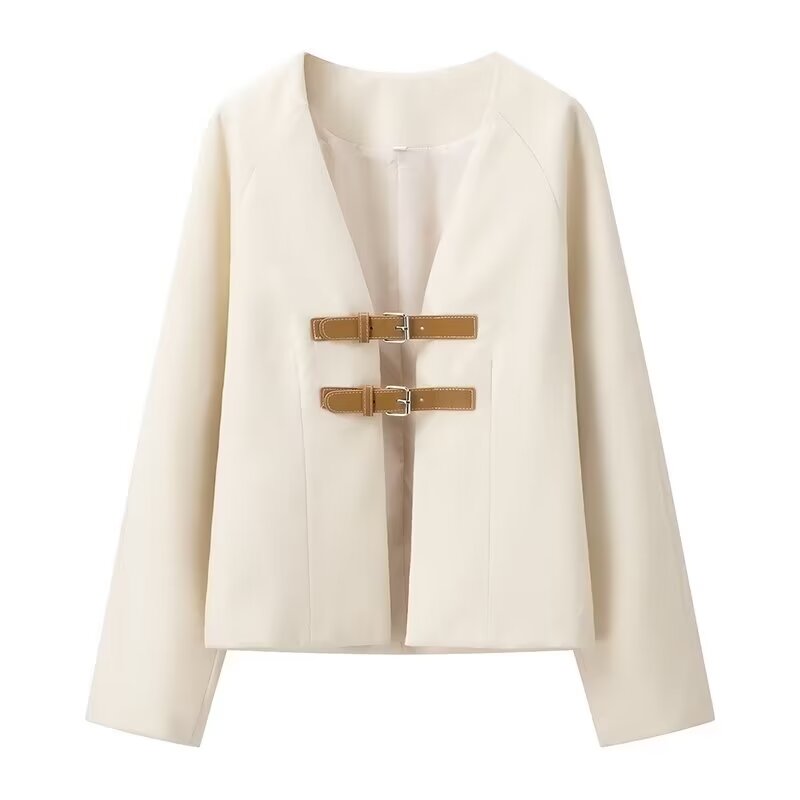 Elegant Soft V Neck Metal Buckle Cardigan