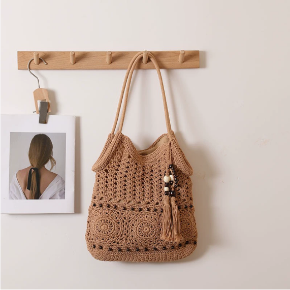 Wooden Bead Tassel Shoulder Woven Bag