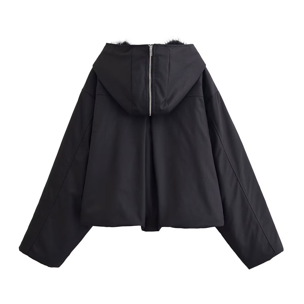 Casual Short Black Hooded Jacket