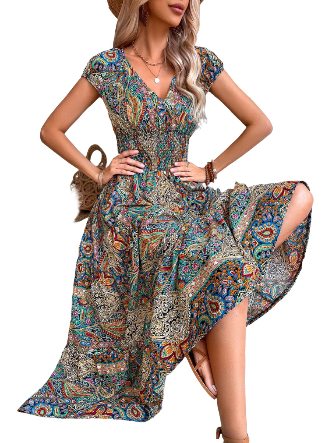 Smocked Printed Cap Sleeve Midi Dress