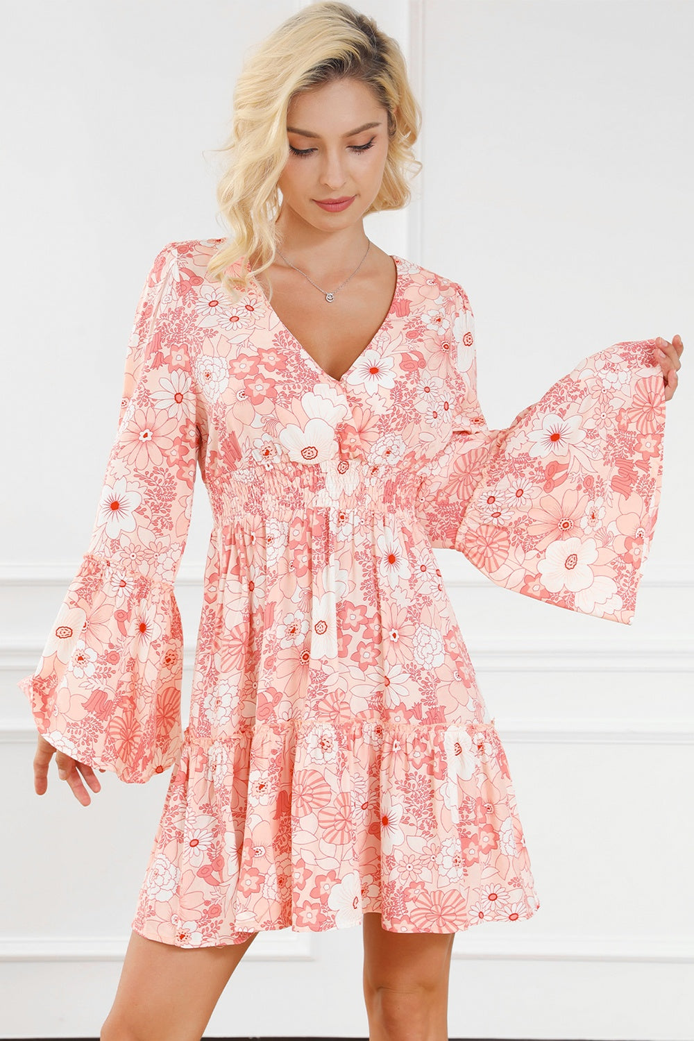 Smocked Printed Flare Sleeve Mini Dress