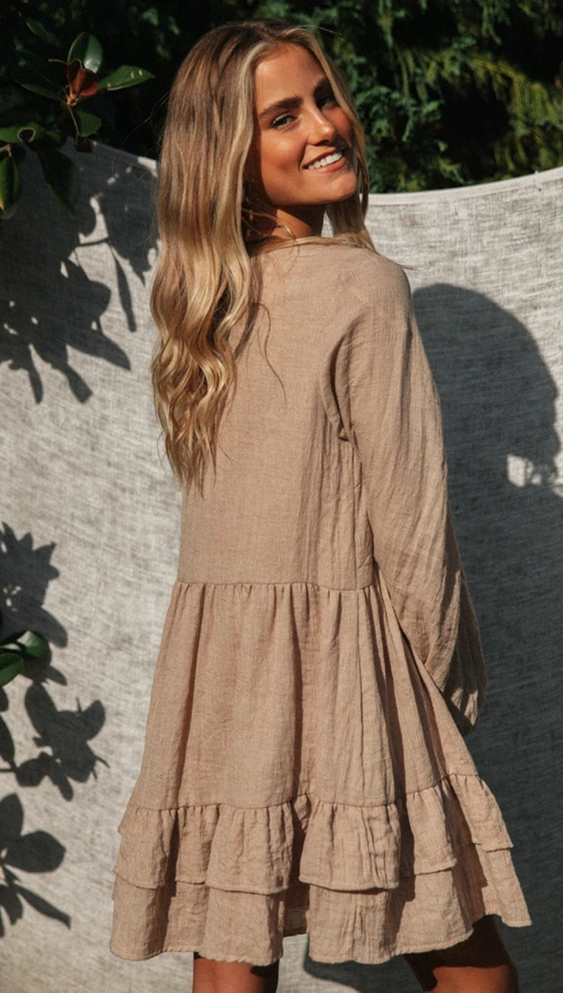 V neck Lace up Lantern Sleeve Dress