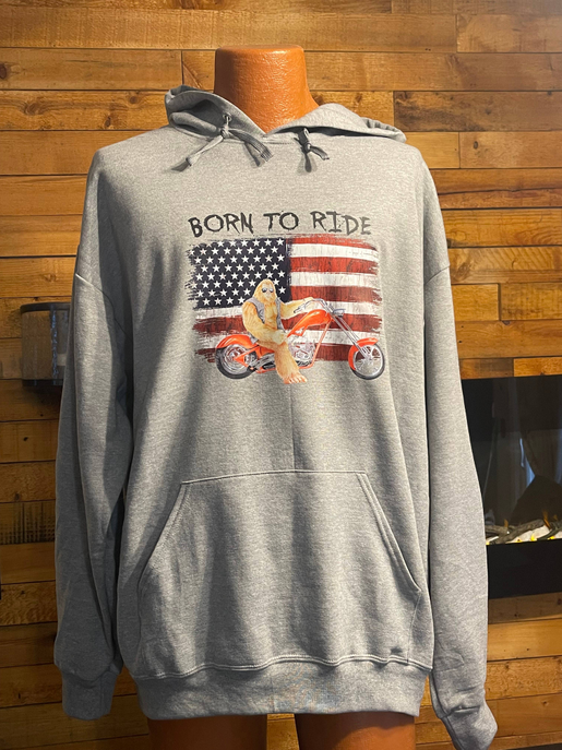 Born to Ride - Bigfoot motorcycle & flag hoodie w/HOOD PRINT