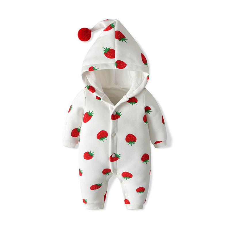 Baby Girl Strawberries Pattern Button Front Double Quilted Romper With Hat