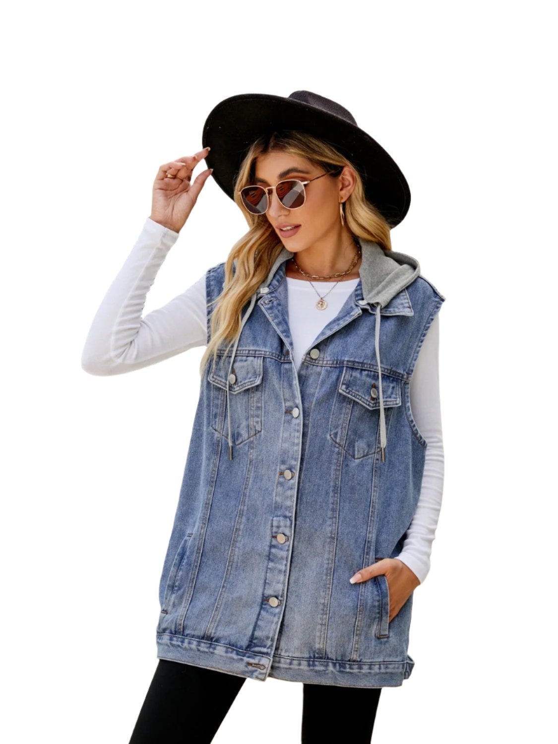 Drawstring Pocketed Button Up Sleeveless Denim Jacket