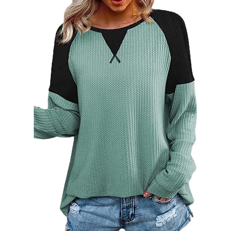 Waffle Stitched Crew Raglan Sleeve Blouse