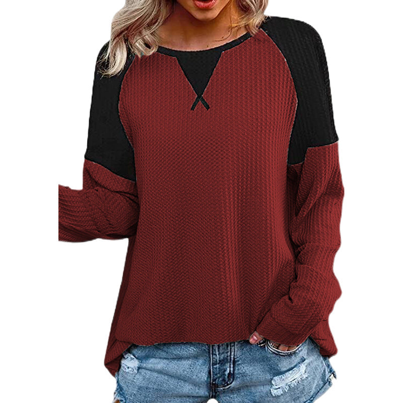 Waffle Stitched Crew Raglan Sleeve Blouse