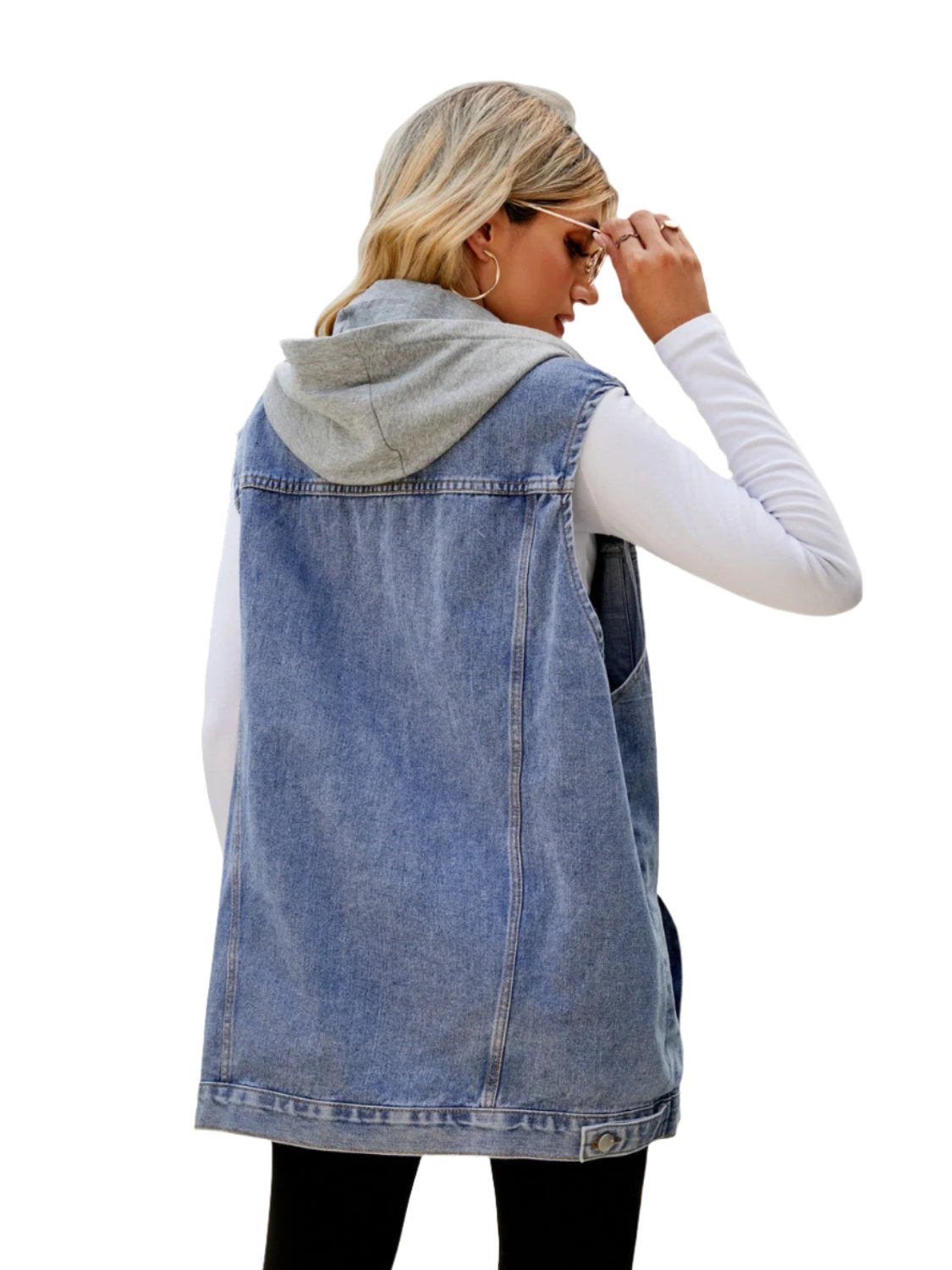 Drawstring Pocketed Button Up Sleeveless Denim Jacket