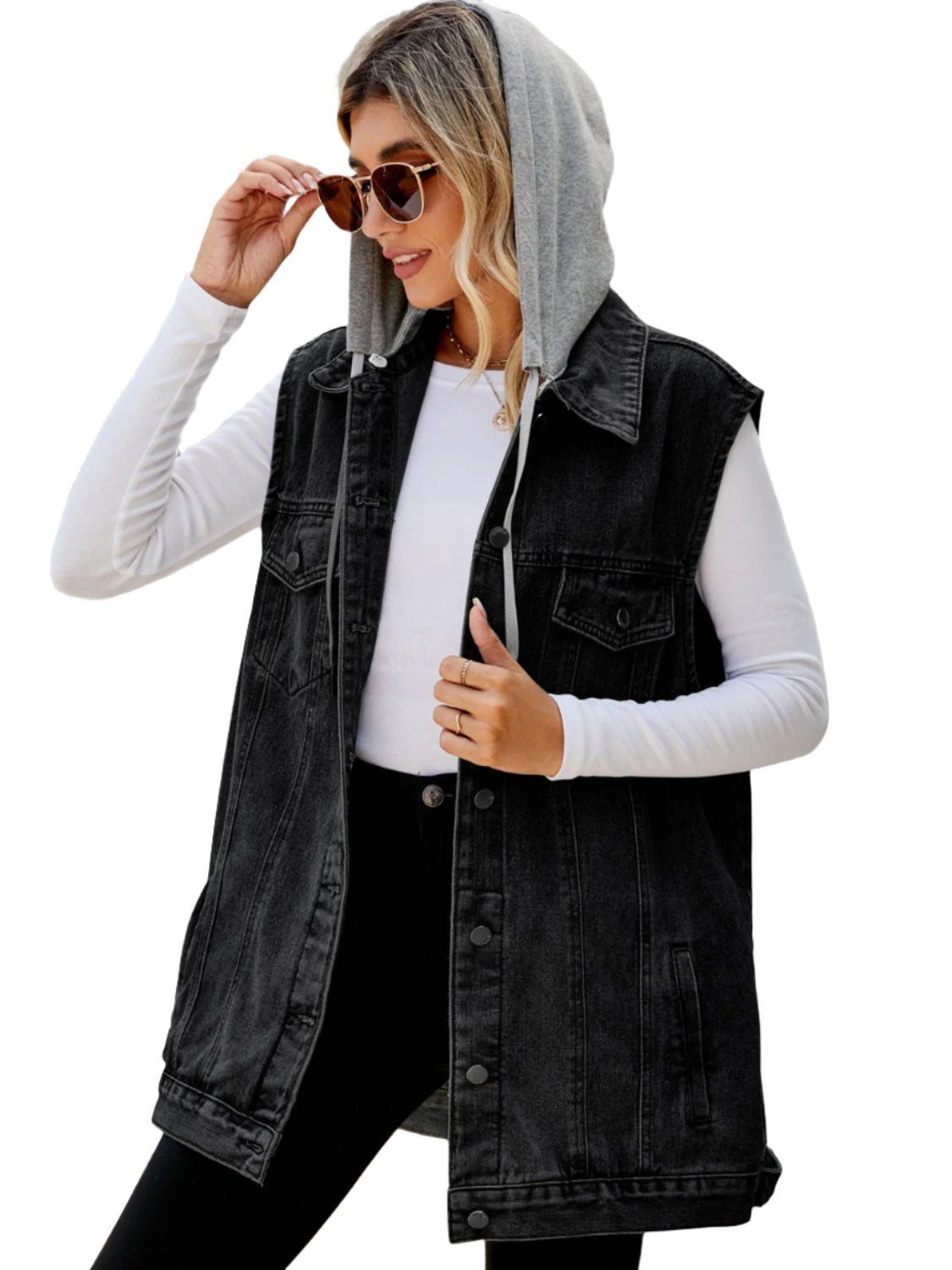 Drawstring Pocketed Button Up Sleeveless Denim Jacket