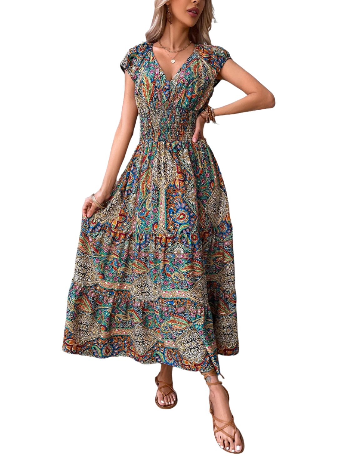 Smocked Printed Cap Sleeve Midi Dress