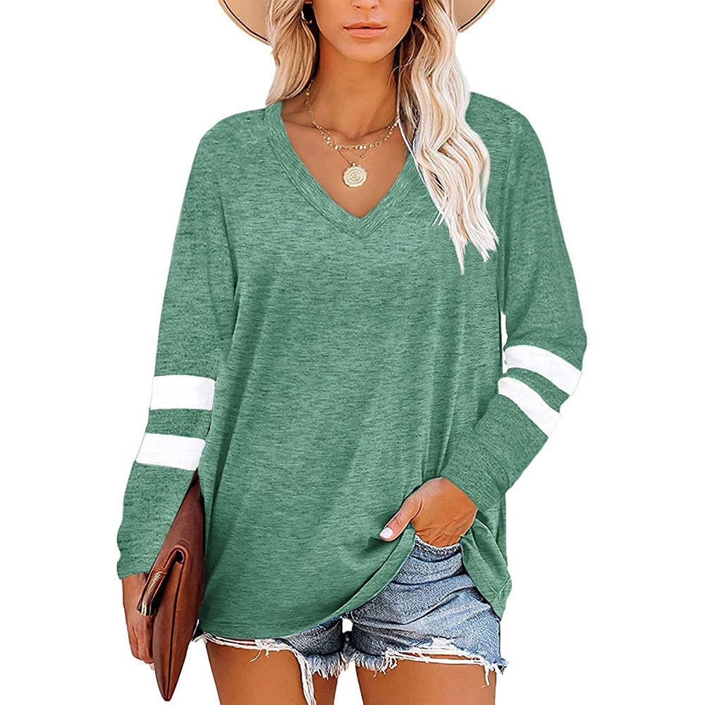 V-Neck Striped Long Sleeved Loose T-Shirt