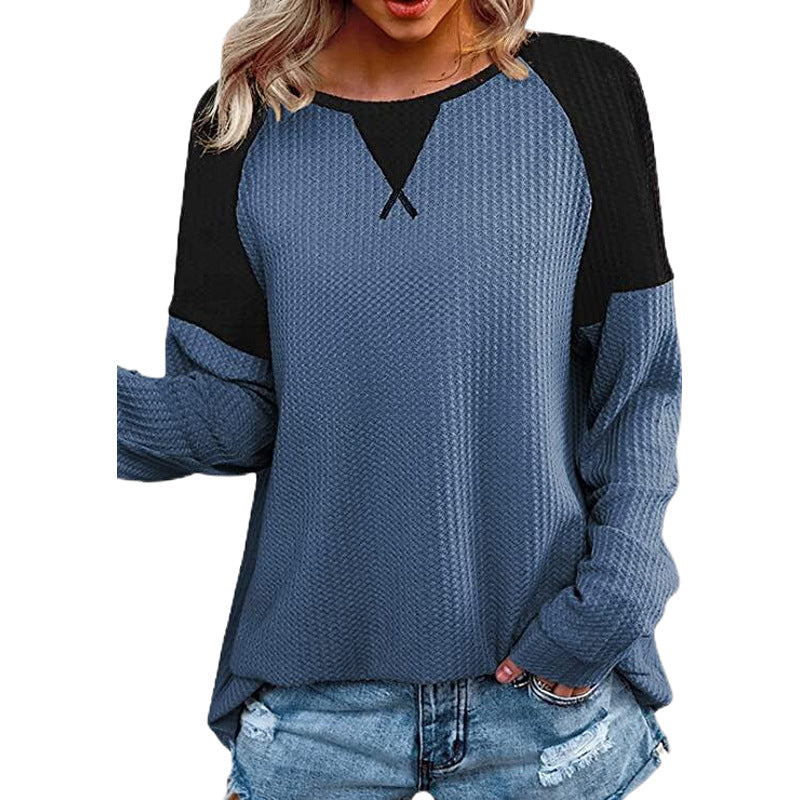 Waffle Stitched Crew Raglan Sleeve Blouse