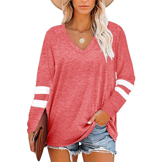 V-Neck Striped Long Sleeved Loose T-Shirt