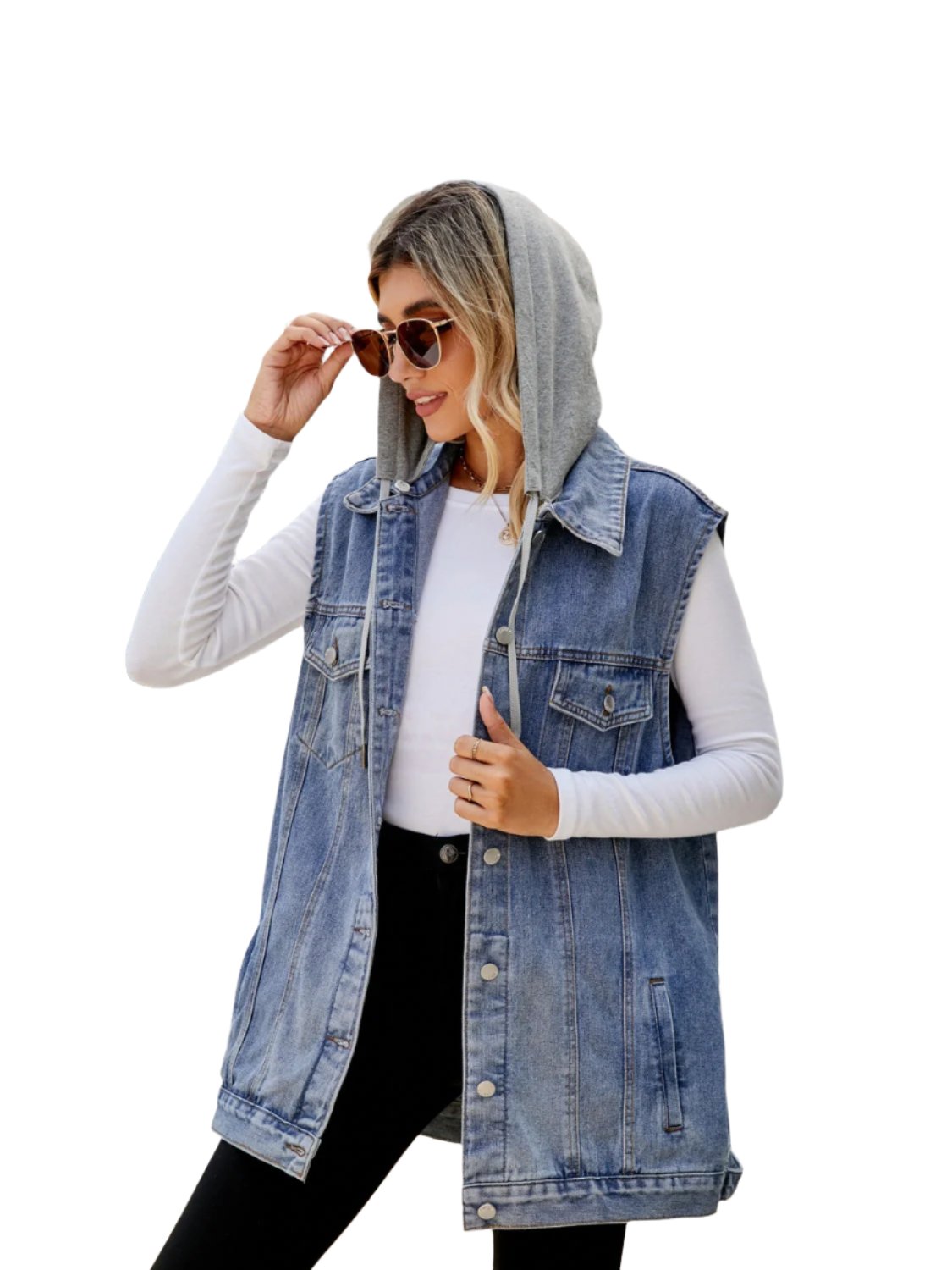 Drawstring Pocketed Button Up Sleeveless Denim Jacket