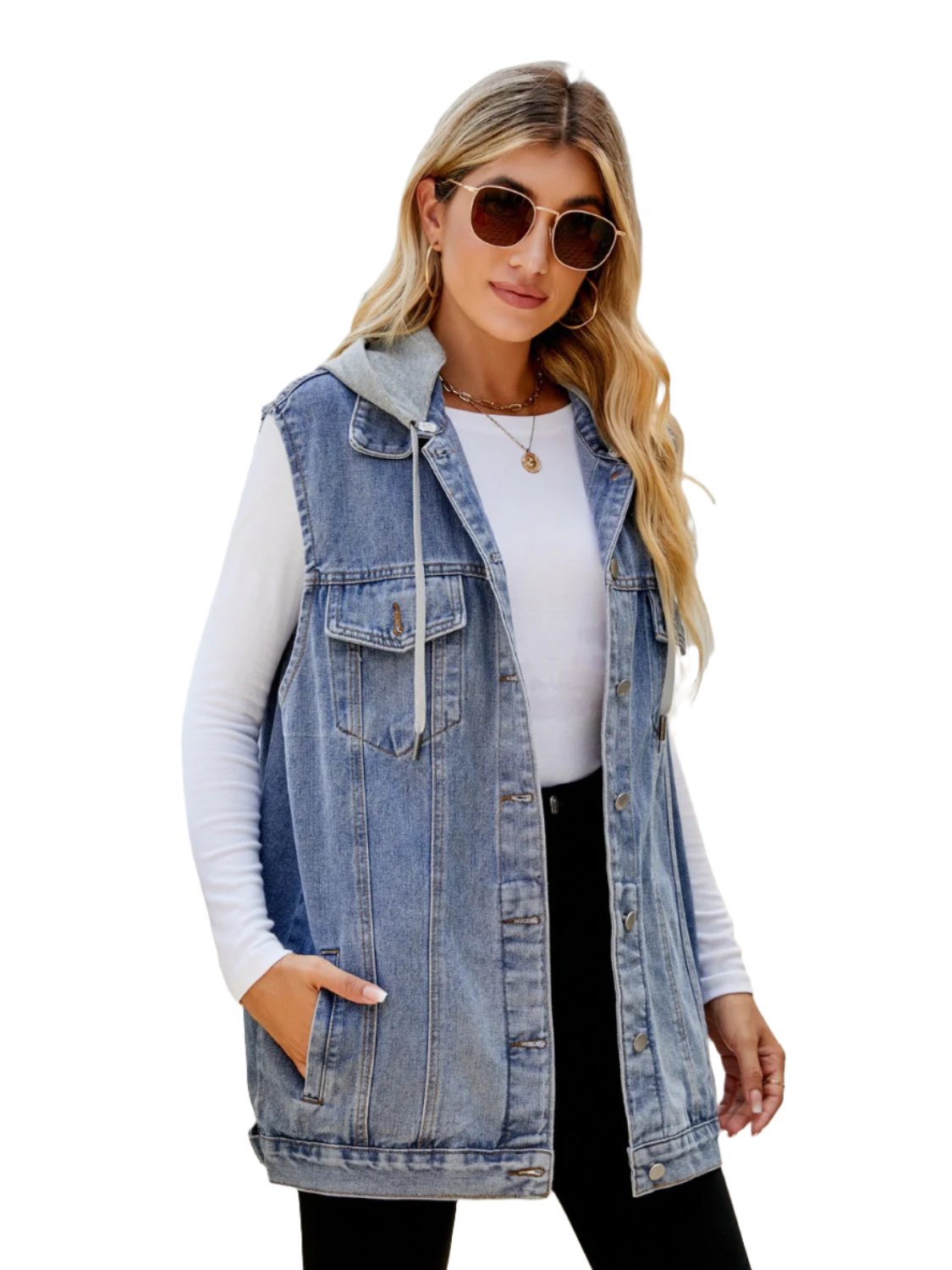 Drawstring Pocketed Button Up Sleeveless Denim Jacket