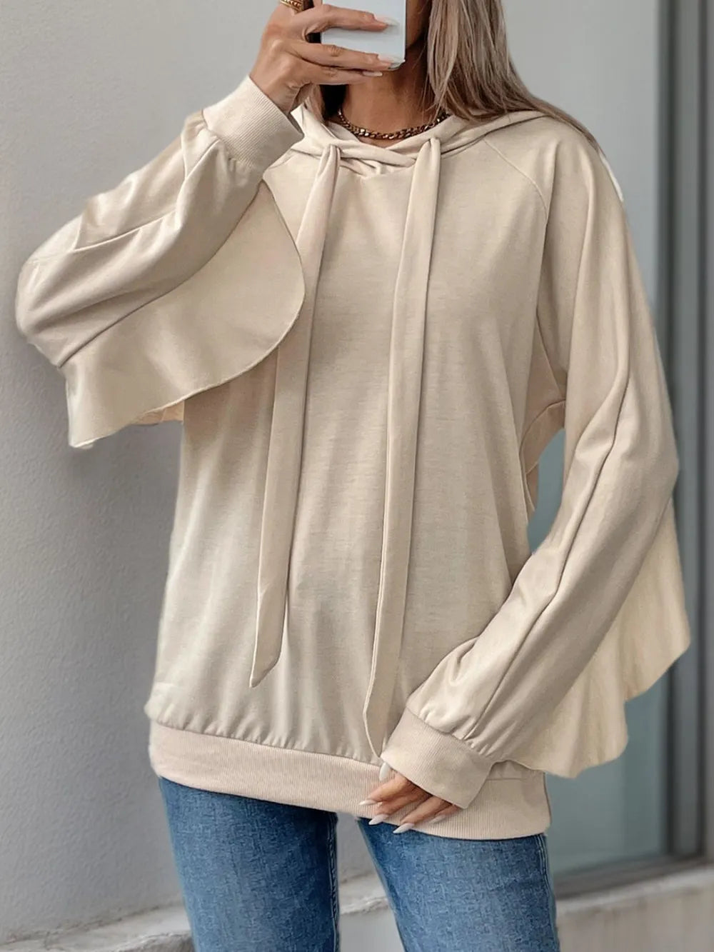 Ruffled Sleeve Hoodie Blouse