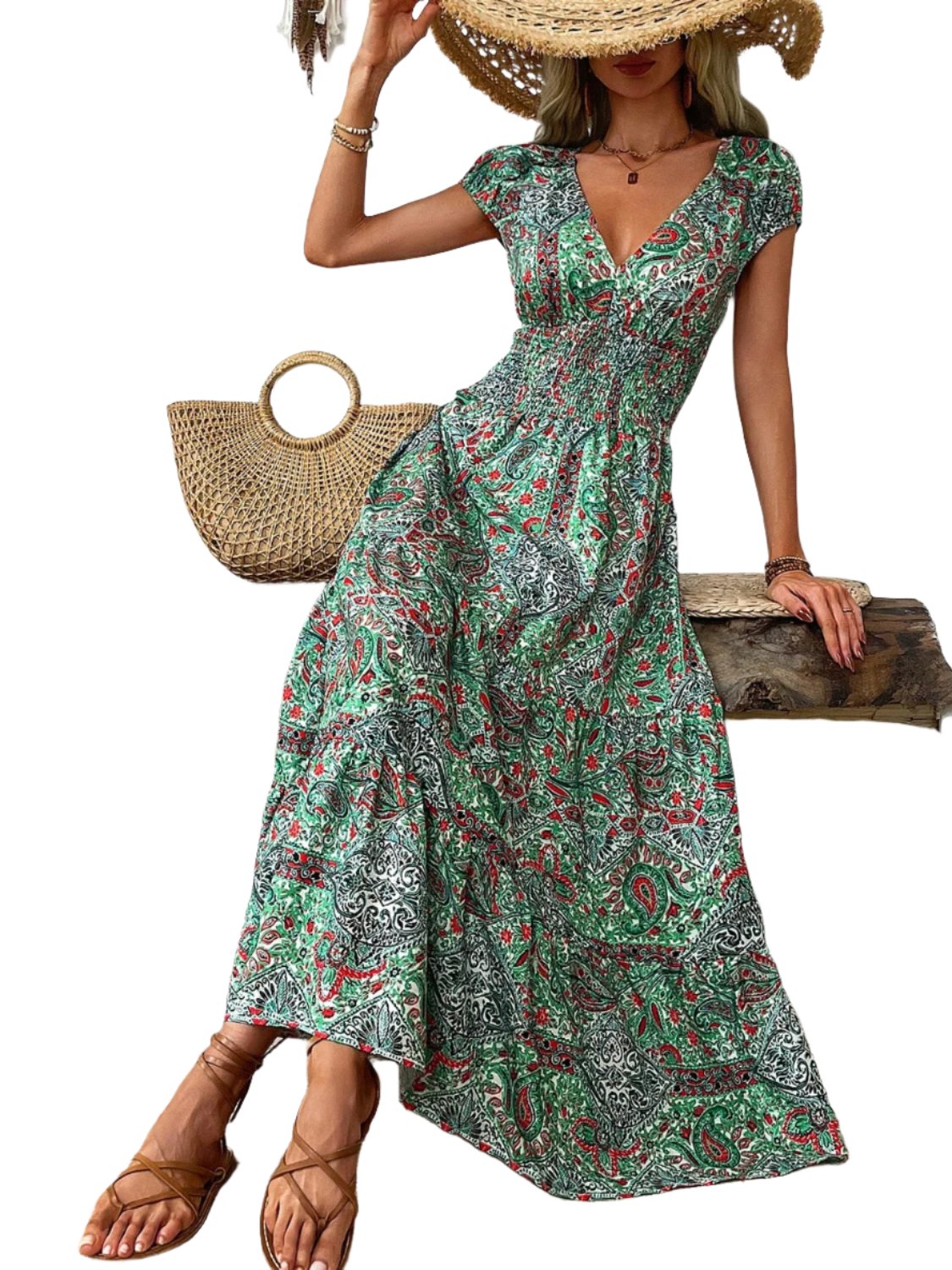 Smocked Printed Cap Sleeve Midi Dress