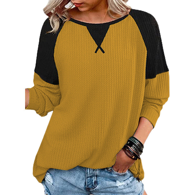 Waffle Stitched Crew Raglan Sleeve Blouse