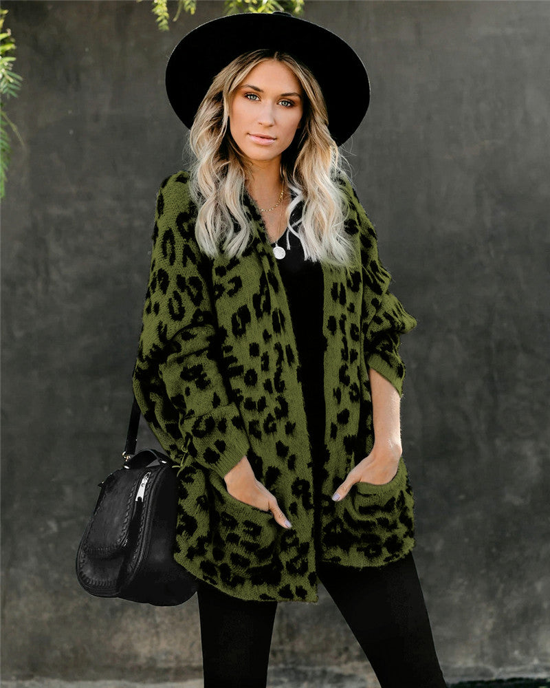 Long Sleeve Loose Leopard Print Knitted Cardigan Sweater