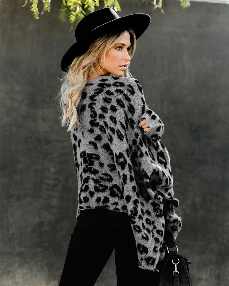 Long Sleeve Loose Leopard Print Knitted Cardigan Sweater