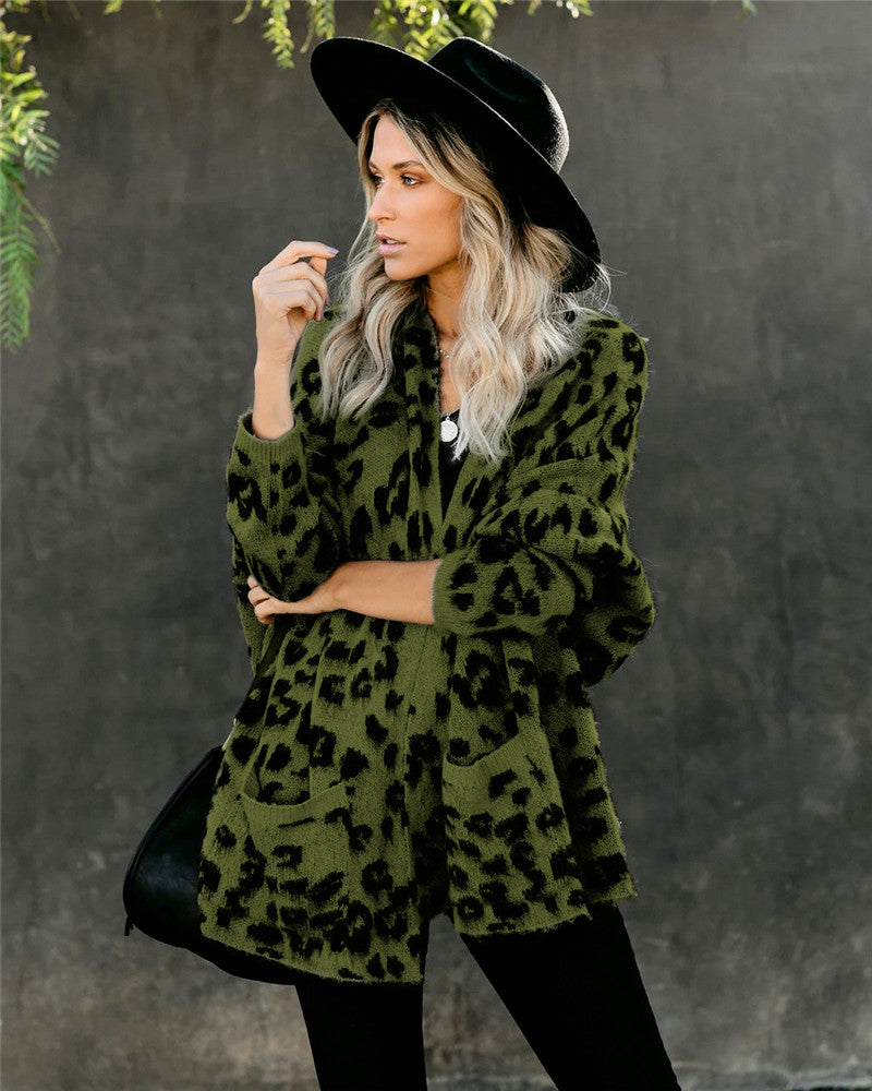 Long Sleeve Loose Leopard Print Knitted Cardigan Sweater