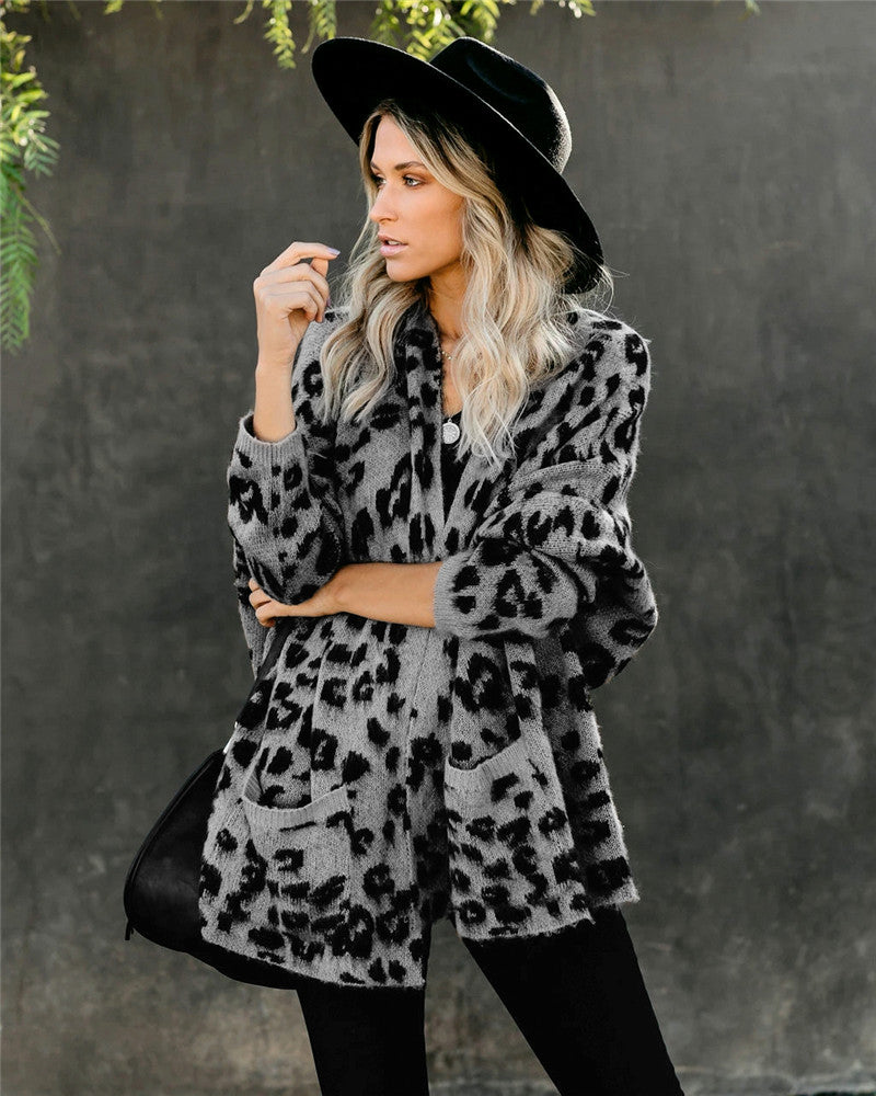 Long Sleeve Loose Leopard Print Knitted Cardigan Sweater