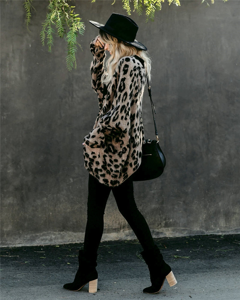 Long Sleeve Loose Leopard Print Knitted Cardigan Sweater