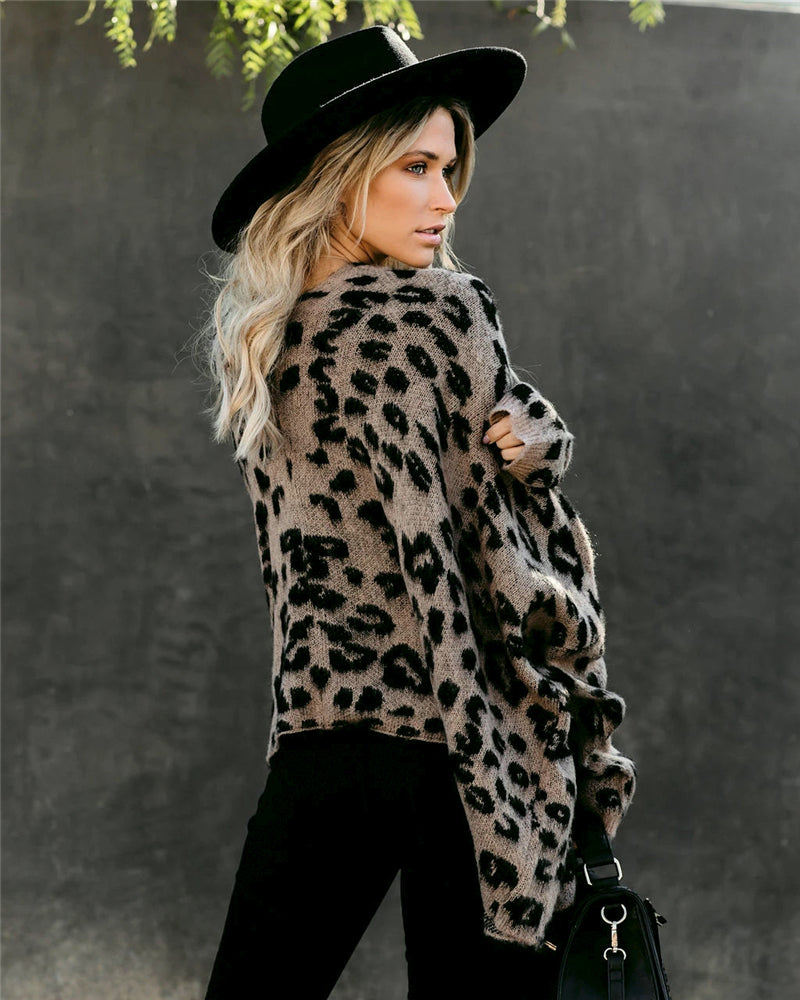 Long Sleeve Loose Leopard Print Knitted Cardigan Sweater