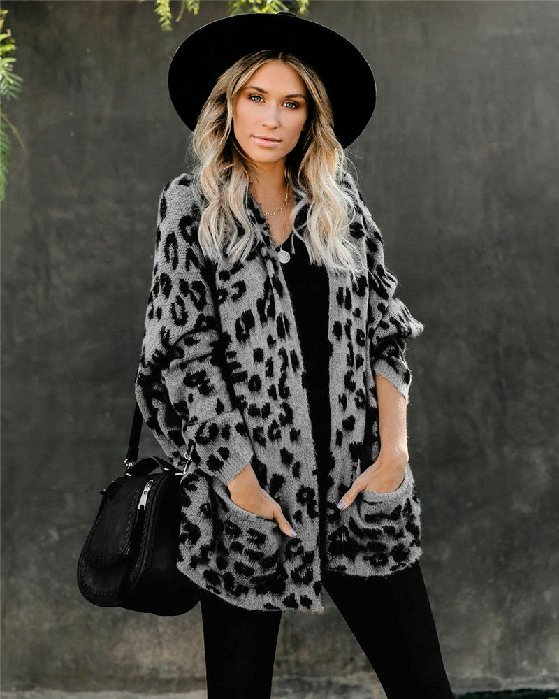 Long Sleeve Loose Leopard Print Knitted Cardigan Sweater